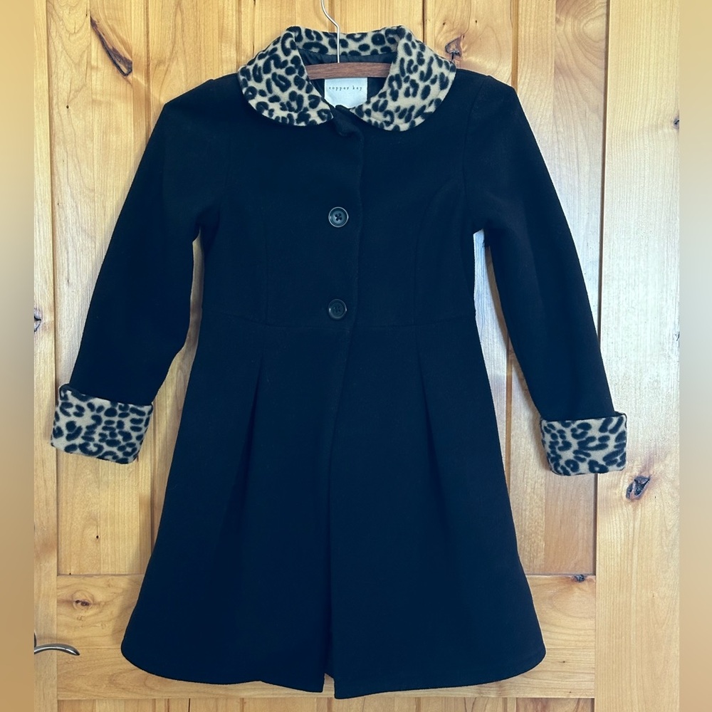 Copper Key Black Dress Coat girl’s 7/8 leopard cheetah trim, lined, machine wash